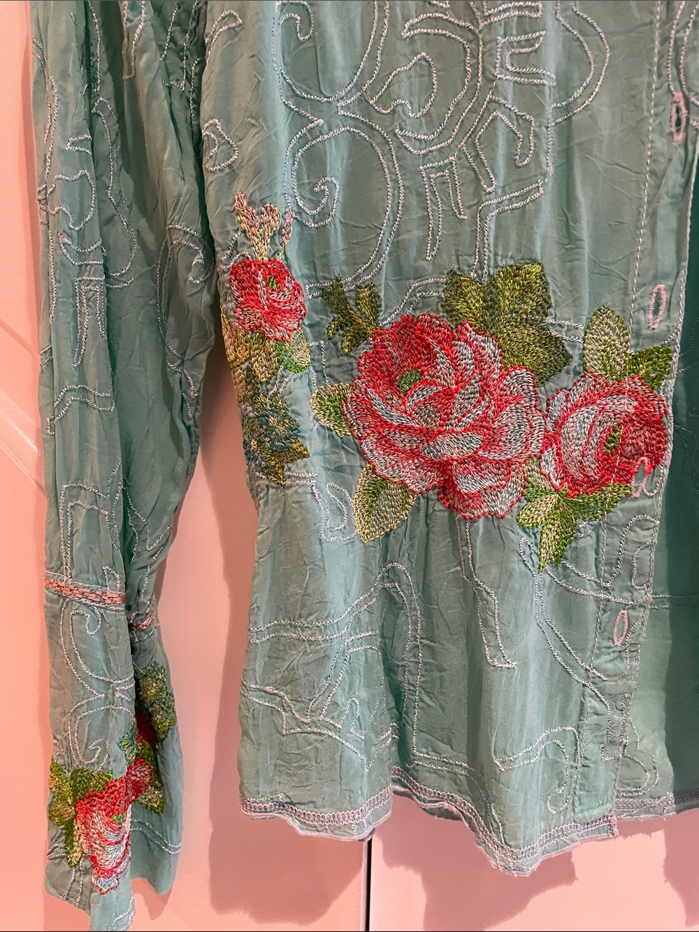 Embroidered Floral Button-Up Shirt - Mint Green - Picture 2 of 3